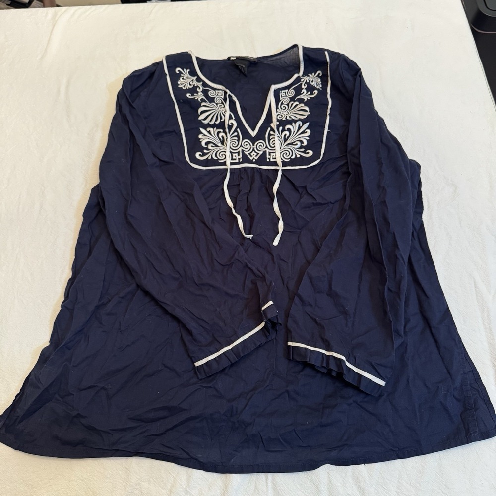 Lane Bryant Blouse 18/20 Navy Cotton Embroidered Split Neck Peasant Boho Top